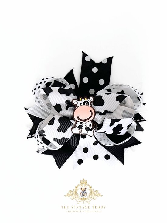Other - NWT Adorable Girls Hair Bow Grosgrain Ribbon Little Cow Charm Polkadots 4" Inch